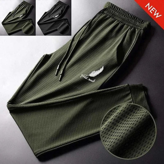 Men's Hollow Out Ice Silk Pants Mesh Breathable Casual Thin Quick Dry Pant Loose Elastic Beam Feet Pants Sports Fitness Trousers