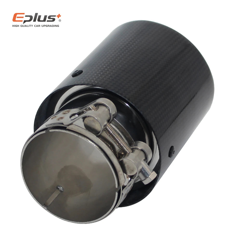 EPLUS Car Glossy Carbon Fiber Muffler Tip Exhaust System Pipe Mufflers Nozzle Universal Crimping Stainless Silver