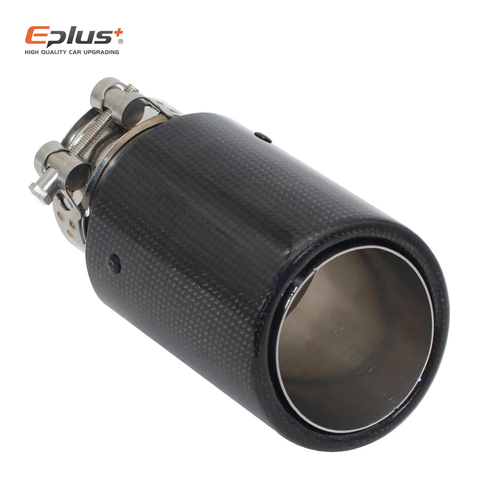 EPLUS Car Glossy Carbon Fiber Muffler Tip Exhaust System Pipe Mufflers Nozzle Universal Crimping Stainless Silver