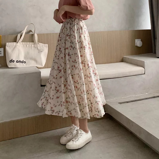 Vintage Floral Print A-line Pleated Long Skirts Summer Women 2023 Korean Skirt Streetwear Drawstring Elastic Waist Midi Skirt