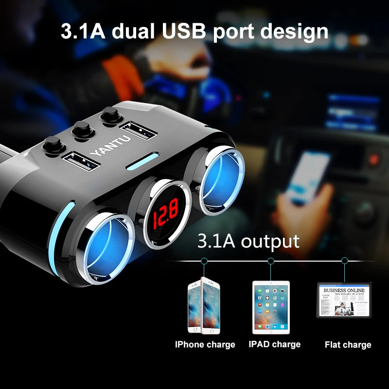 Car Cigarette Lighter Charger 2 USB Port 3 Way Socket Splitter DC 12~24V  Auto Power Adapter Plug Cigar Jack High Speed Charger