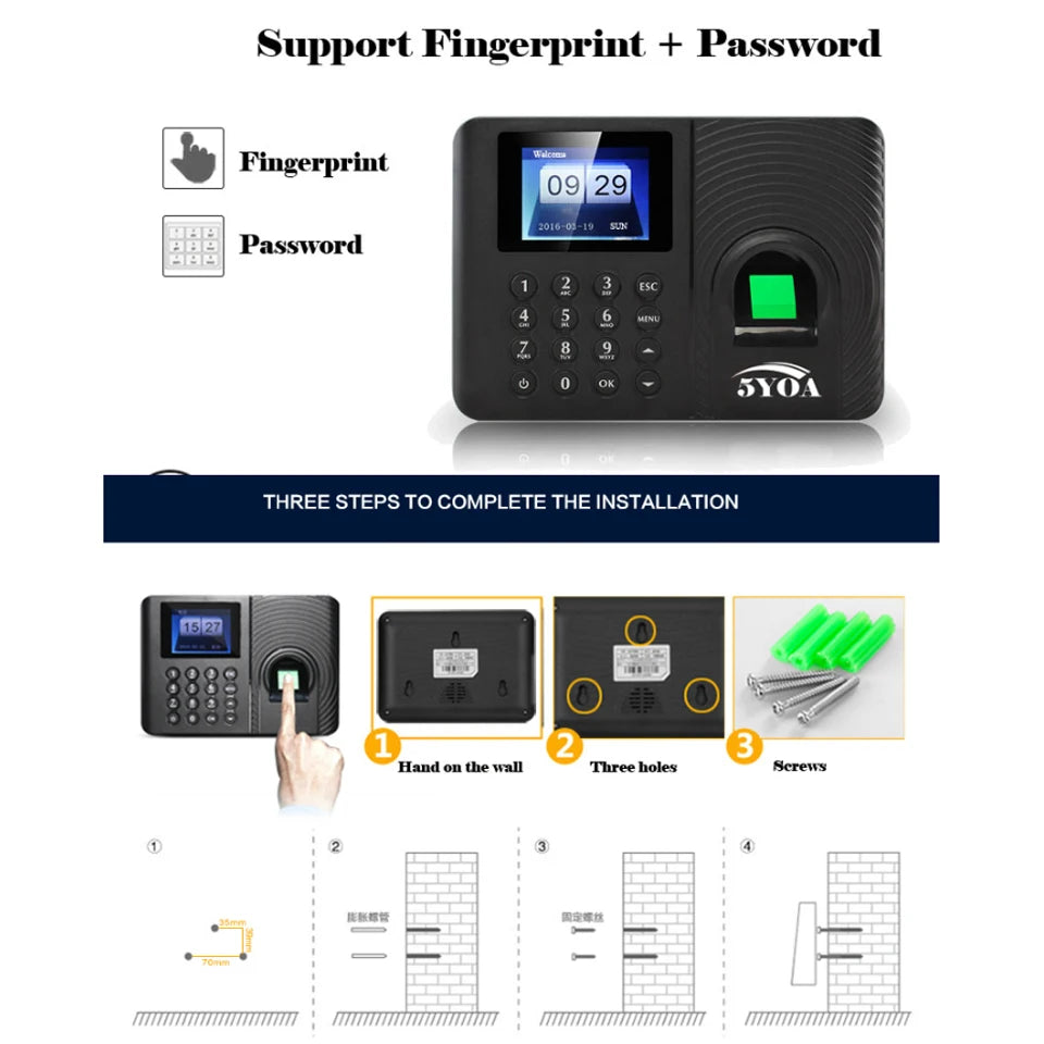 Fingerprint Attendance Biometric Machine System Employee Keypad Electric Time Clock Recorder USB Data Manage