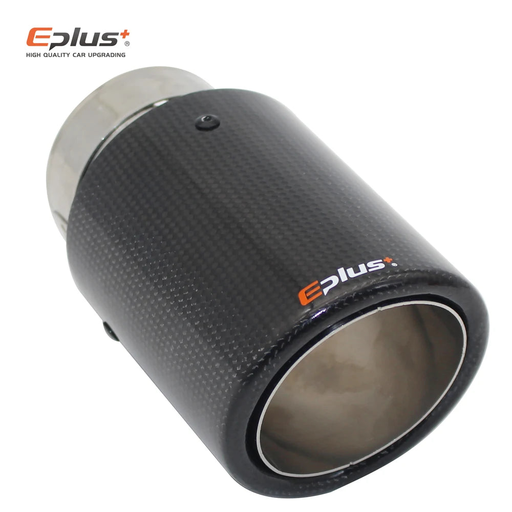 EPLUS Car Glossy Carbon Fiber Muffler Tip Exhaust System Pipe Mufflers Nozzle Universal Crimping Stainless Silver