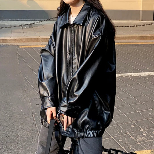 Korean Black Leather Jacket Women Winter Long Women's Moto Biker Zipper Jacket Streetwear Harajuku Y2K Loose Women's Coat 2023