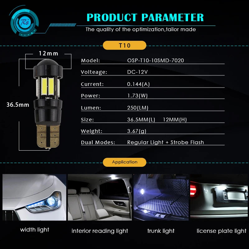 R8 2pcs High Lumen T10 W5W Strobe Flash LED 194 168 Blink Light Bulb Width Clearance Parking Dome Lights 12V White with Lens