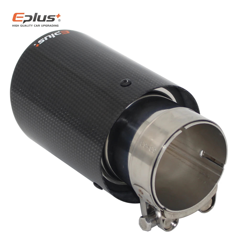 EPLUS Car Glossy Carbon Fiber Muffler Tip Exhaust System Pipe Mufflers Nozzle Universal Crimping Stainless Silver