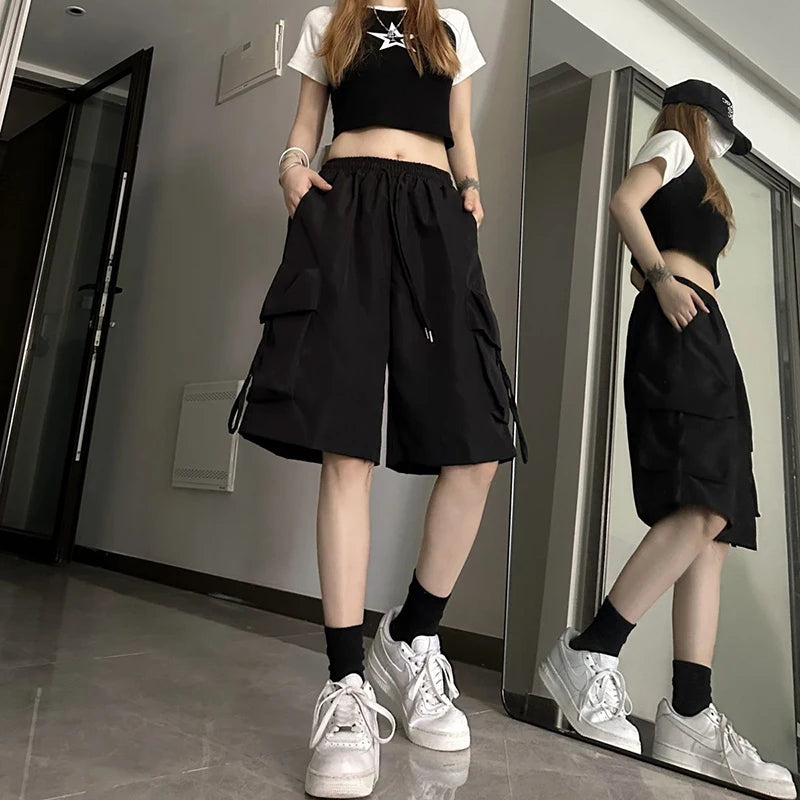 ZOKI Women High Waist Cargo Shorts American Style Streetwear Summer Wide Leg Pants Fashion Female Big Pocket Loose Shorts New