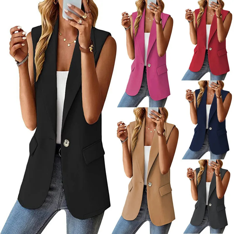 2024 Spring/Summer New Polo Collar Suit Vest Women's Style Commuter Sleeveless Cardigan Tank Top Women