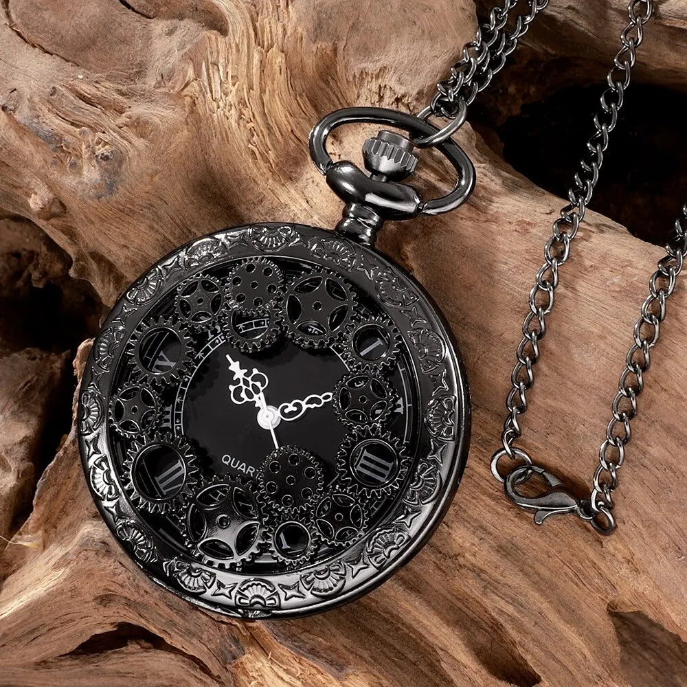 Steampunk Copper Vintage Hollow Gear Hollow Quartz Pocket Watch Necklace Pendant Clock Chain Men Women with Chain Gifts