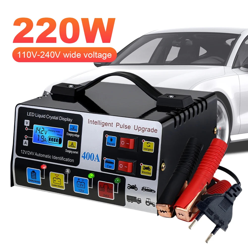 Heavy Duty Car Battery Charger 12/24V 400A Full Automatic Car Battery Charger 220W High Power Smart Pulse Repair Battery Charger