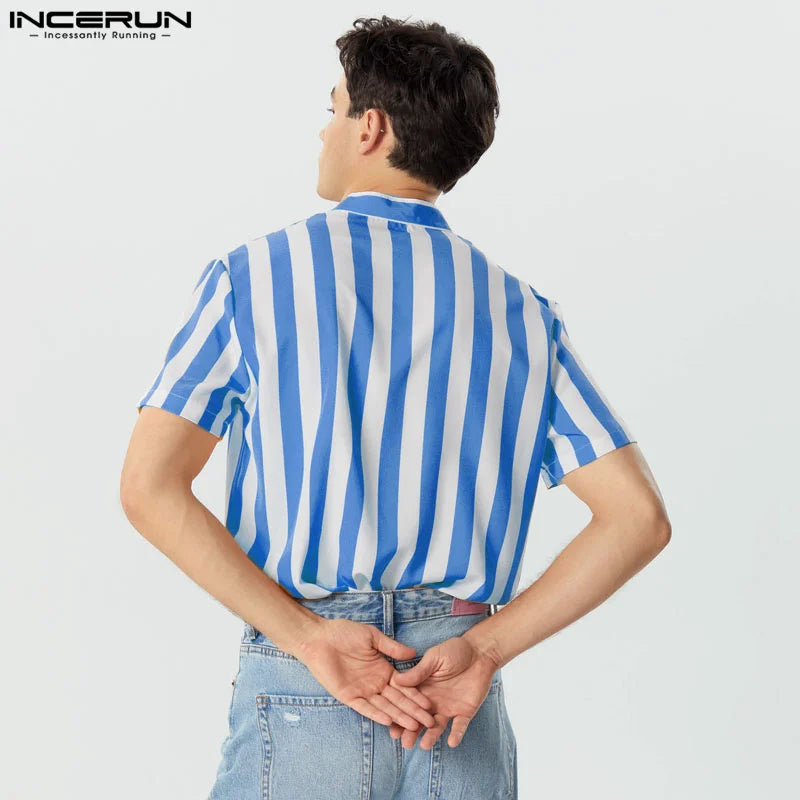 INCERUN Men Striped Shirt Stand Collar Short Sleeve Casual Men Clothing Harajuku Streetwear Summer 2023 Leisure Shirts S-5XL