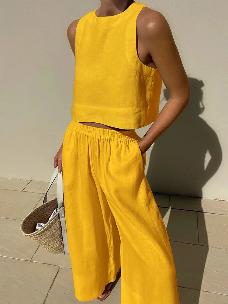 Casual Summer Two Piece Set Women Outfit 2023 White Solid Loose Tank Crop Top Wide Leg Pants Suits Chic and Elegant Woman Sets