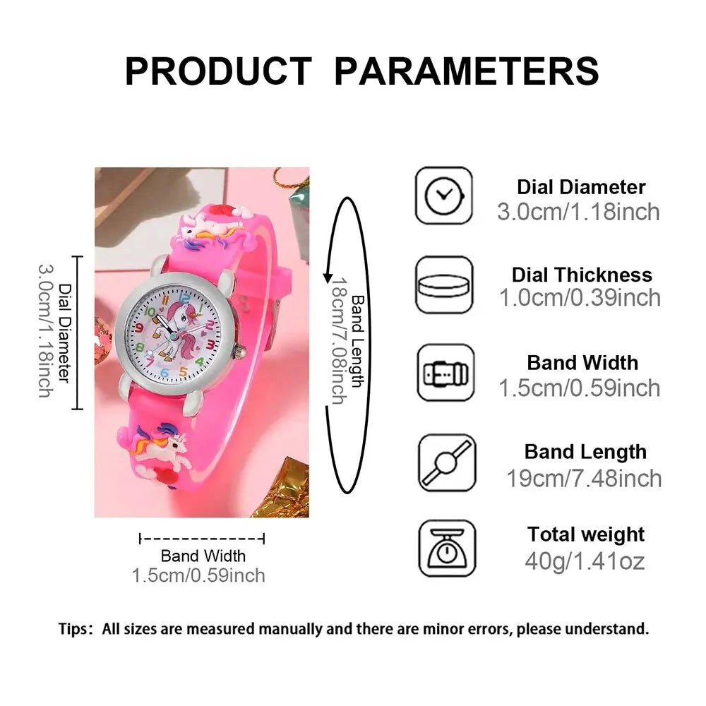 6pcs Children's Watch Set Cute Pink Watch Necklace Ring Bracelet Hairpin Watch Set