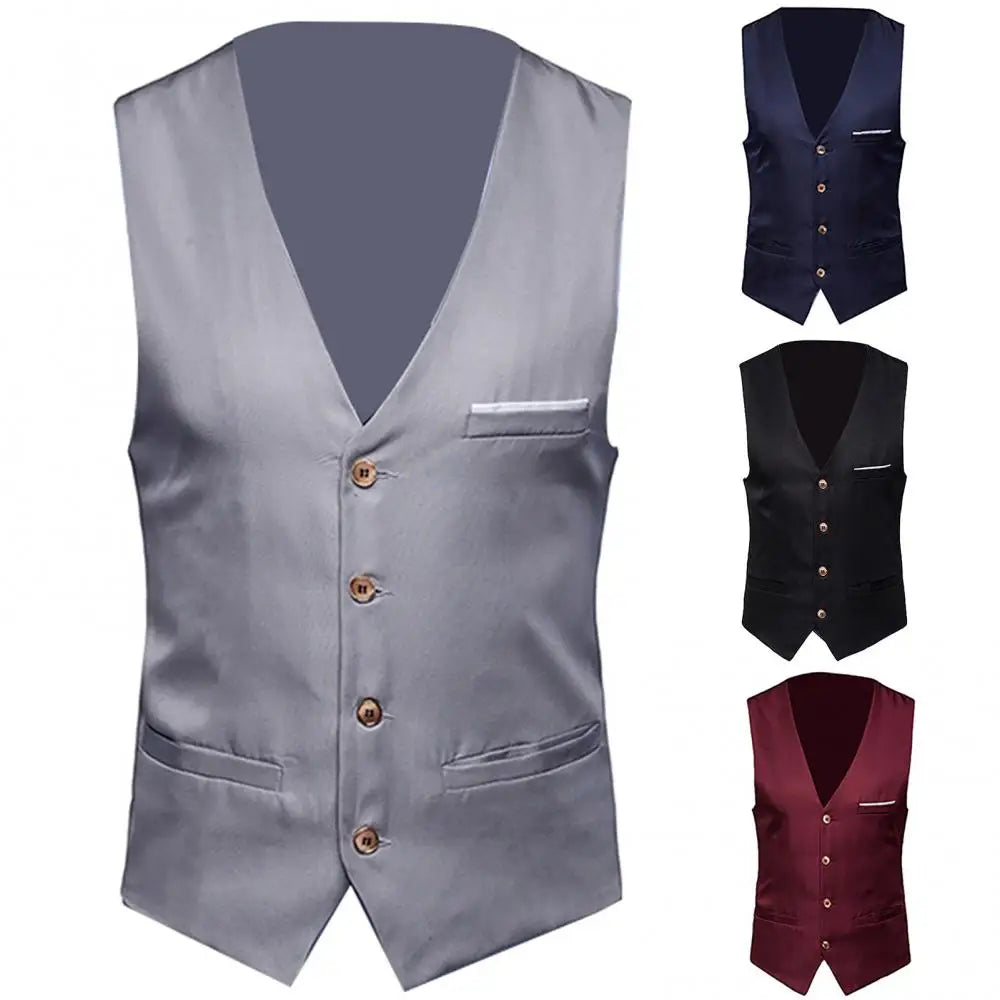 Formal Men Suit Vest Solid Color Single Breasted Business Waistcoat