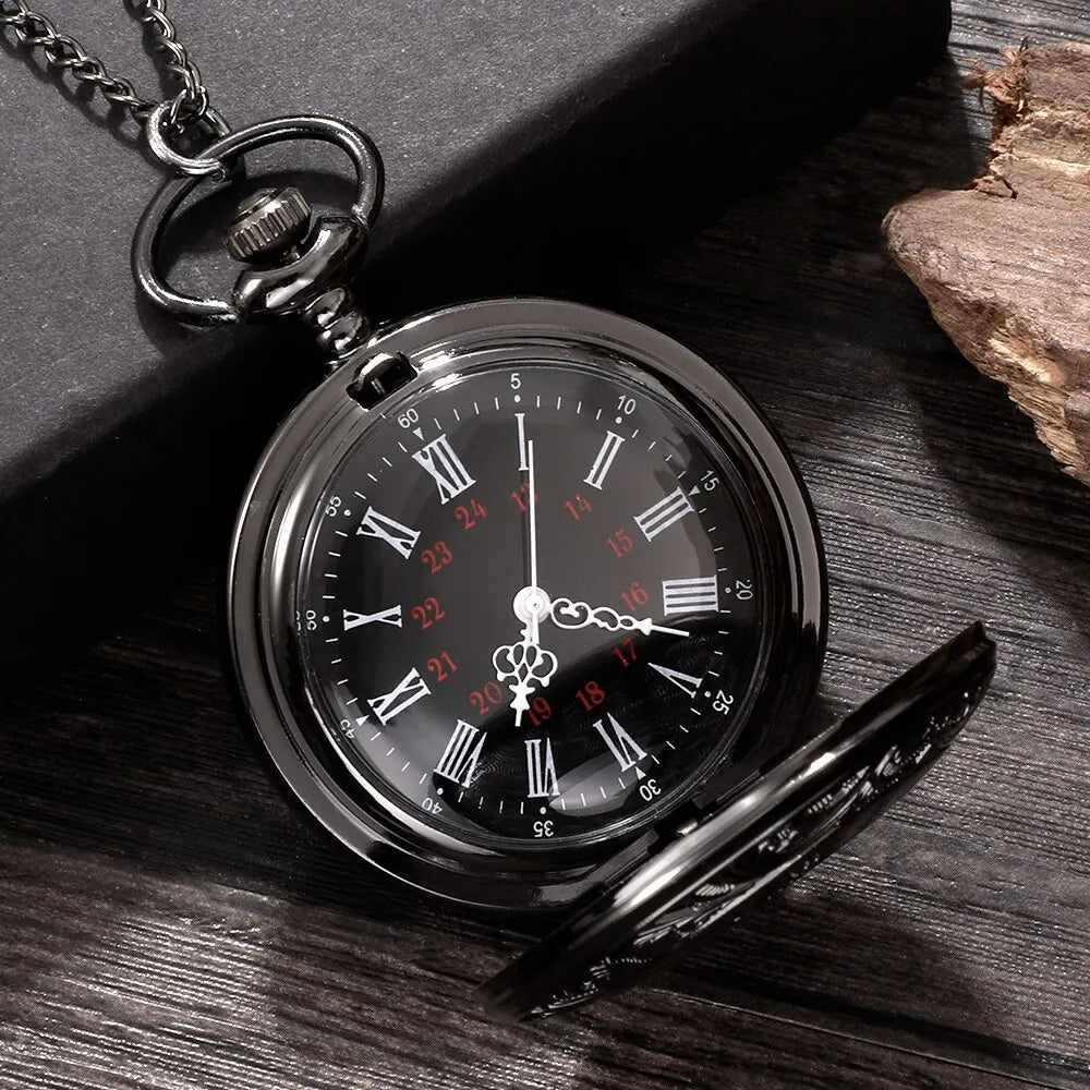 Vintage Charm Black Unisex Fashion Roman Number Quartz Steampunk Pocket Watch Women Man Necklace Pendant with Chain Gift