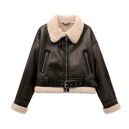 ZVRI 2023 New Woman's Fashion Thick Warm Faux Shearling Jacket Coat Vintage Long Sleeve Belt Hem Female Outerw