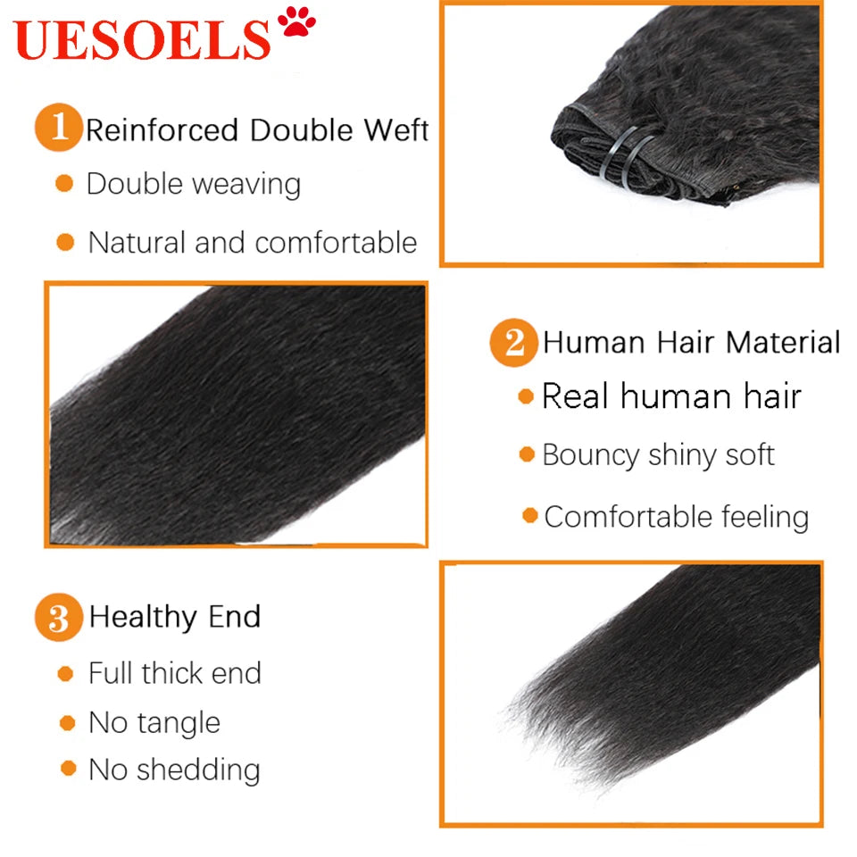 Kinky Straight Clips In Human Hair Extensions Natural Color In Brazilian 100% Remy Human Hair 120G 8Pcs/Set Full Head For Women