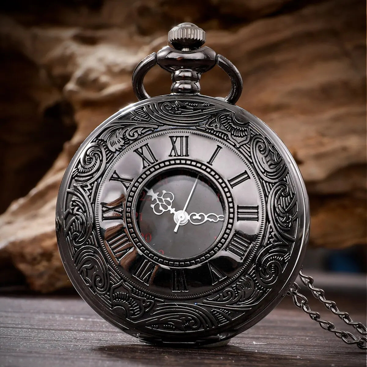 Vintage Charm Black Unisex Fashion Roman Number Quartz Steampunk Pocket Watch Women Man Necklace Pendant with Chain Gift