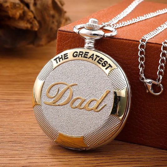 Vintage Silver Golden Luxury THE GREATEST DAD Quartz Pocket Watch Fob Chain Necklace Mens Fathers Gifts Clock Relogio De Bolso