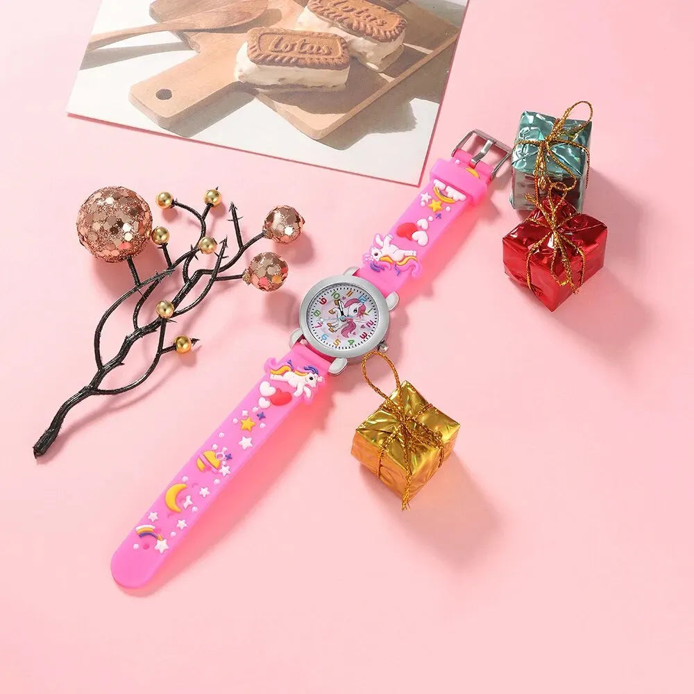 6pcs Children's Watch Set Cute Pink Watch Necklace Ring Bracelet Hairpin Watch Set