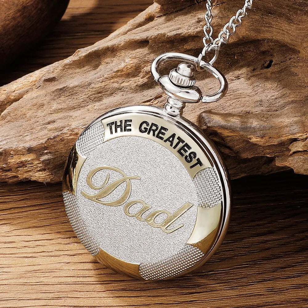 Vintage Silver Golden Luxury THE GREATEST DAD Quartz Pocket Watch Fob Chain Necklace Mens Fathers Gifts Clock Relogio De Bolso