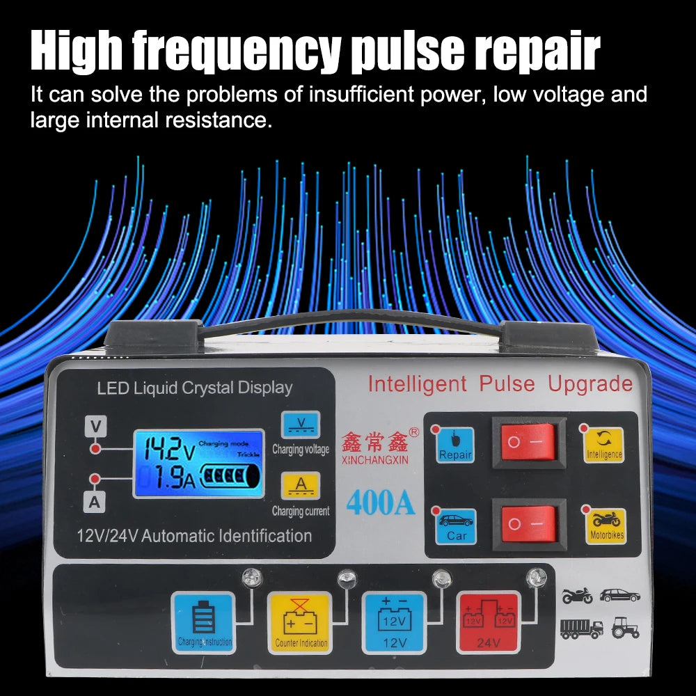 Intelligent Fully Automatic Car Battery Charger LCD Display 12V/24V 220W Pulse Repair High Power EU Plug