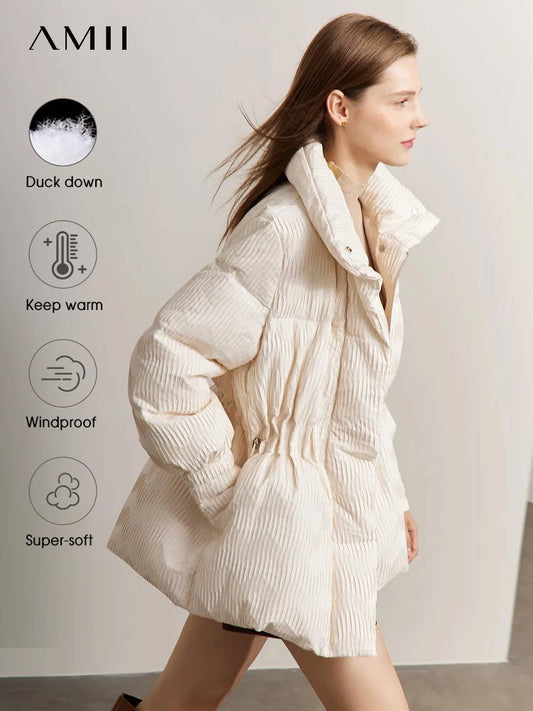 AMII Minimalist Duck Down Puffer Coat Women Winter 2023 Lightweight Stand Collar Lapel Warm Outerwear New Jackets 12344052