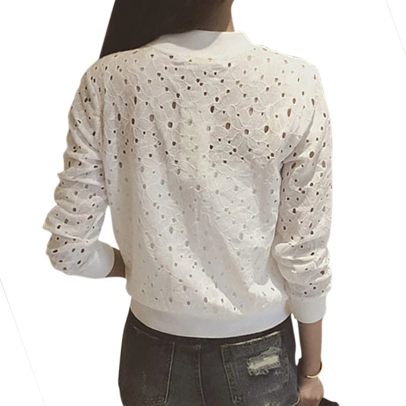 Womens Zip Up Thin Long Sleeve Lace Hollow Out Jackets Long Sleeve Casual Loose Outwear