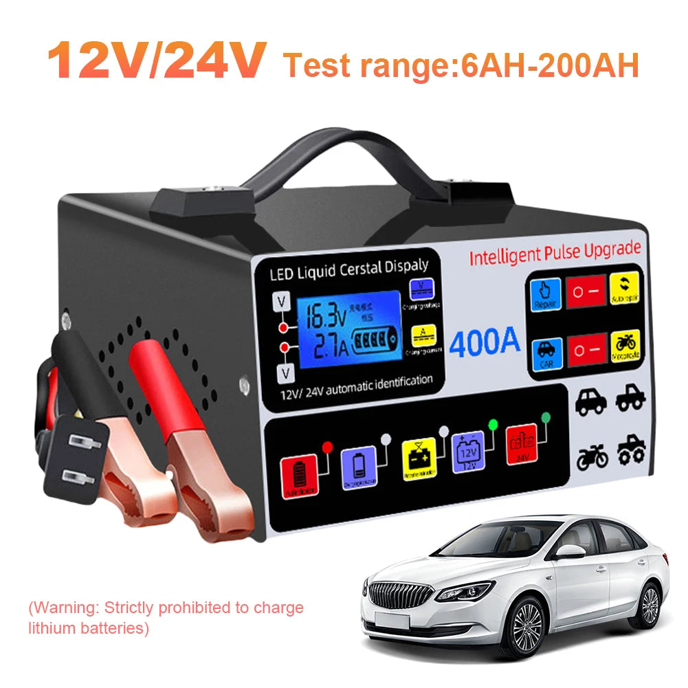 400A Car Battery Charger 12V/24V Battery High Power Fast Charger 220W Intelligent Pulse Repair Charger Self-Stop Battery Charger