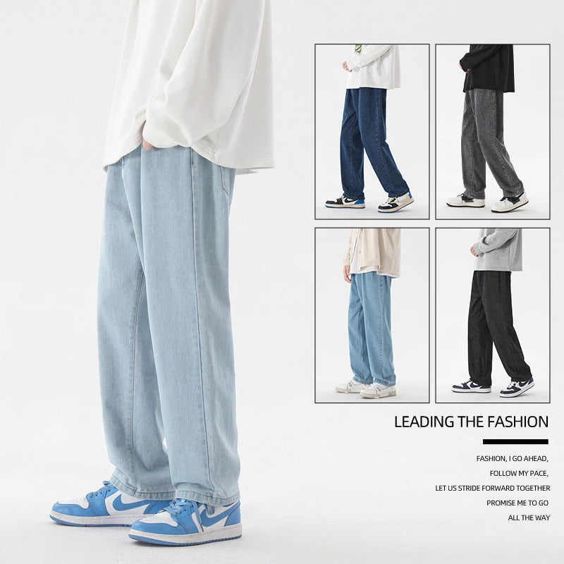 2023 New Korean Fashion Men's Casual Ankle-Length Jeans Classic Man Straight Denim Wide-leg Pants Light Blue Grey Black 3XL