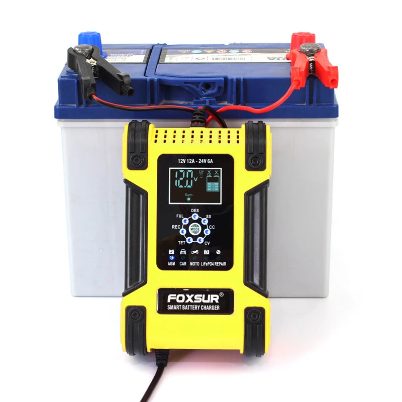 Foxsur Full Automatic Car Battery Charger 12V 12A Digital Display Battery Charger Power Pulse Repair Chargers Wet Dry Lead Acid