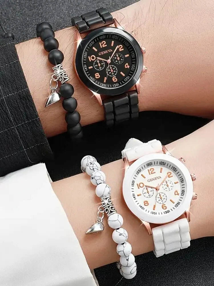 4pcs Fashionable, Minimalist, and Versatile Men AND WOMEN'S Couple Watch Pairing with Love Bead Bracelet Set