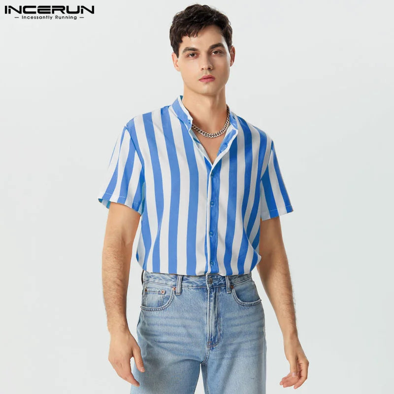 INCERUN Men Striped Shirt Stand Collar Short Sleeve Casual Men Clothing Harajuku Streetwear Summer 2023 Leisure Shirts S-5XL