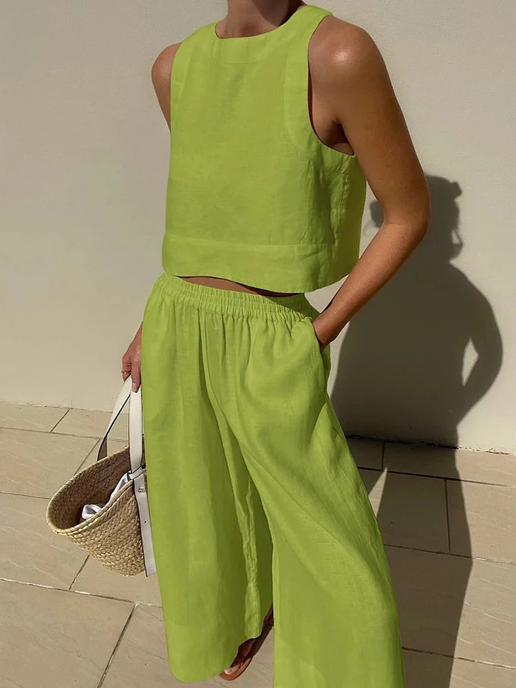 Casual Summer Two Piece Set Women Outfit 2023 White Solid Loose Tank Crop Top Wide Leg Pants Suits Chic and Elegant Woman Sets