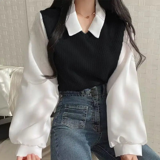 False Two-piece Polo Collar Women's Blouse Spring Casual Korean Shirt Y2k Tops Streetwear Loose Female Pullovers Elegant Blouses