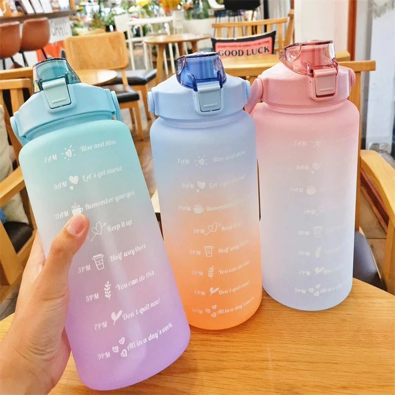 2L Outdoor Large Capacity Sport Water Bottle Creative Plastic Cup Bounce Cover Outdoor Leakproof Straw Cup with Time Marker