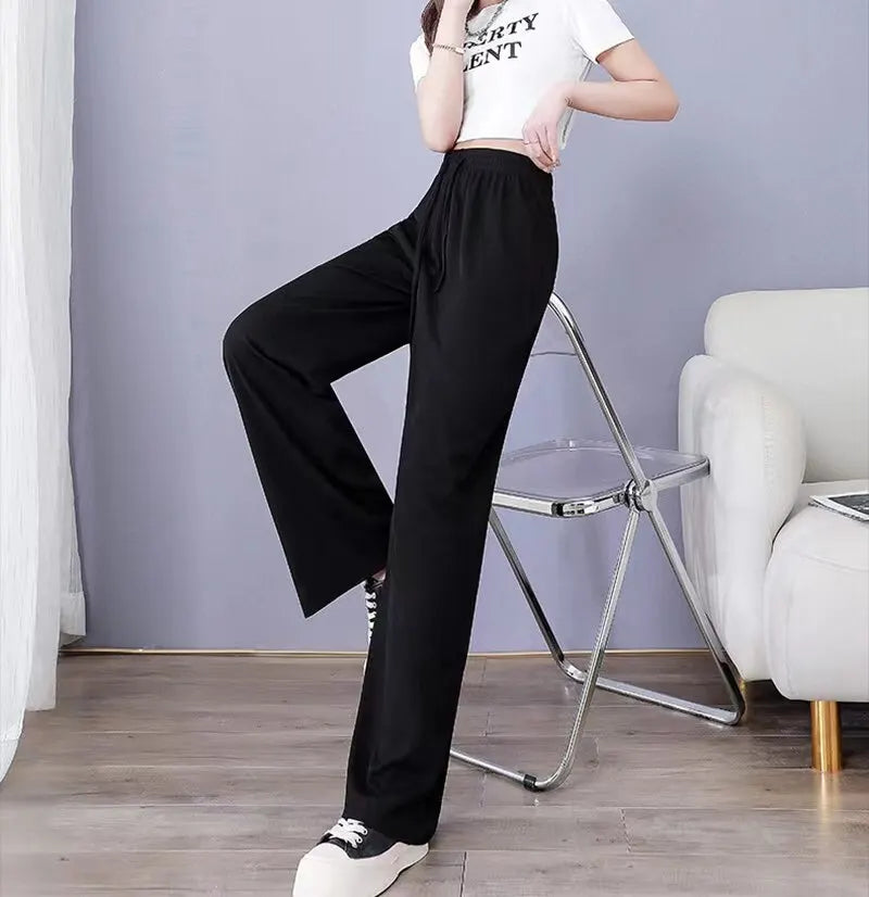 Women Pants Spring Summer Ice Silk Wide Leg Pants 2024 High Waist Loose Straight Casual Pant Female Outdoor Black Trousers