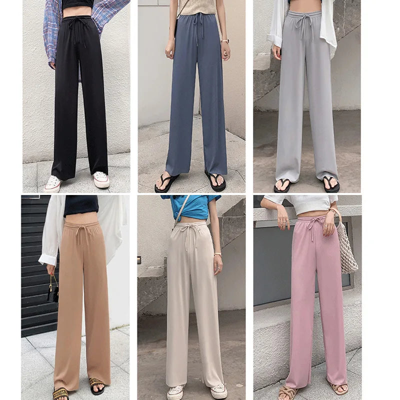 Women Long Pants 2024 Spring Summer Straight Long Elastic Waist Wide Leg women long trousers Casual Soft Knitted Pants