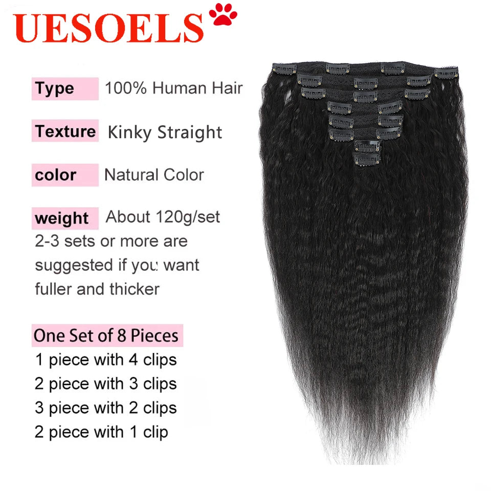 Kinky Straight Clips In Human Hair Extensions Natural Color In Brazilian 100% Remy Human Hair 120G 8Pcs/Set Full Head For Women