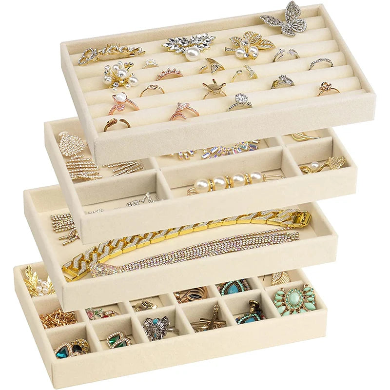 Velvet Jewelry Display Exquisite Jewellery Holder Portable Ring Earrings Necklace Organizer Storage Box Organizator Trays Beige