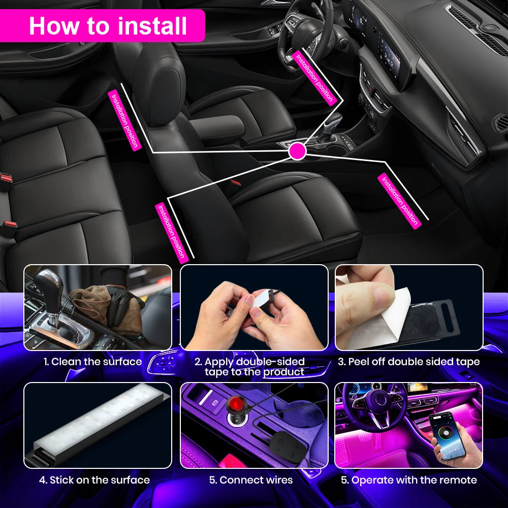 Ambient Car Led Neon Interior Light RGB Bluetooth 3 Key Remote Control Ambient Music Light Car Interior Auto Decoration 12V App