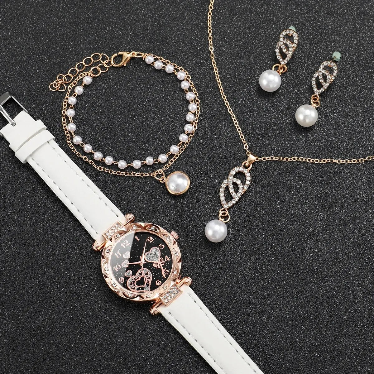 4pcs/set Women's Shiny Rhinestone Quartz Watch Analog PU Leather Wrist Watch & Faux Pearl Jewelry Set, Gift For Mom Her