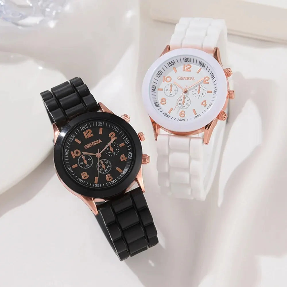 2Pcs Luxury Women's Watch Set Fashion Luxury Elegant Alloy Wristwatch Silicone Strap Couple Watch Men Quartz Holiday Gifts