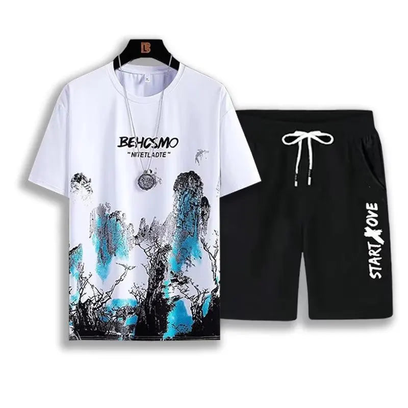 Tshirt Casual Ice Silk Gradient Short Men Sleeve T-shirt Shorts Set Men's Summer Sporty Two-piece Outfit Stylish Male Clothing