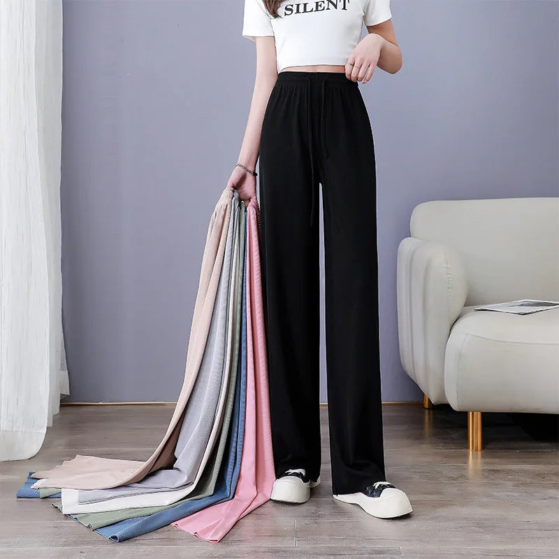 Women Long Pants 2024 Spring Summer Straight Long Elastic Waist Wide Leg women long trousers Casual Soft Knitted Pants