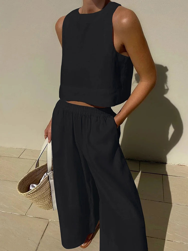 Casual Summer Two Piece Set Women Outfit 2023 White Solid Loose Tank Crop Top Wide Leg Pants Suits Chic and Elegant Woman Sets