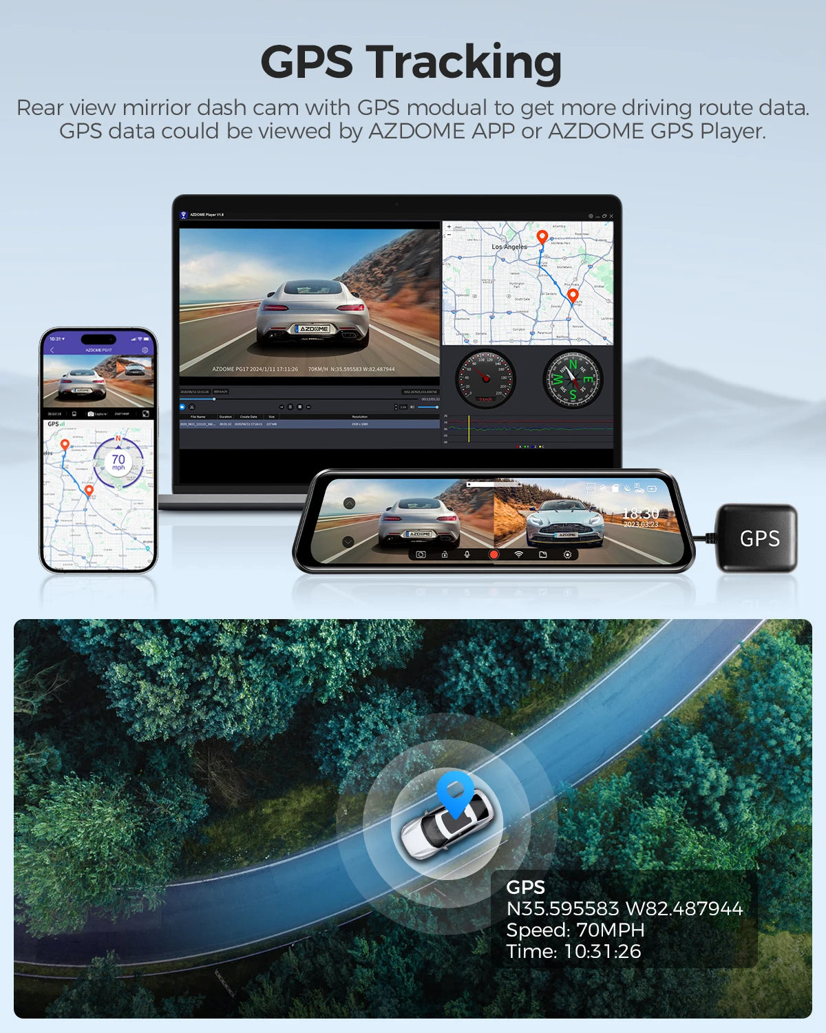 AZDOME PG17 12" WiFi Mirror Dash Cam 2.5K Front and 1080P Rear View Mirror Camera for Cars Dual Camera Waterproof Backup Camera