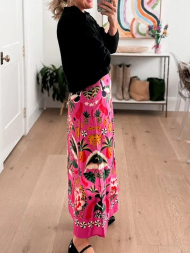 2024 Spring/Summer New Street Tropical Plant Print Retro Half Skirt Women's Elegant Lower Half Colored Printed Half Skirt