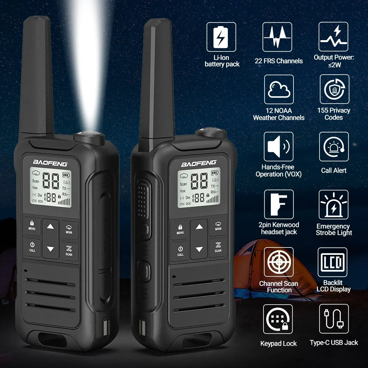 2pcs Baofeng F22 Mini Walkie Talkie PMR FRS Long Range Rechargable Portable Kids Two Way Radio Type-C Charger for Camping Trip