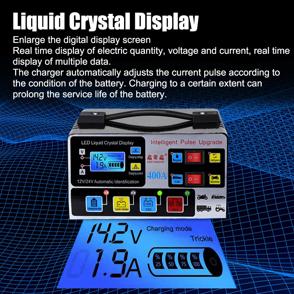 Intelligent Fully Automatic Car Battery Charger LCD Display 12V/24V 220W Pulse Repair High Power EU Plug